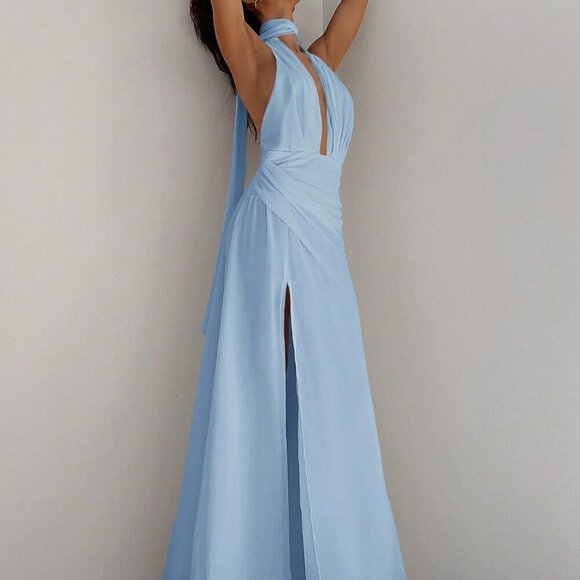 Blue Sexy Women's Deep V-Neck Backless Spaghetti Strap Long Chiffon Dress - Picture 4 of 7